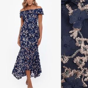 Xscape Women's 14W BRYNLEE Off The Shoulder Blue Raise Flower Evening Midi Dress